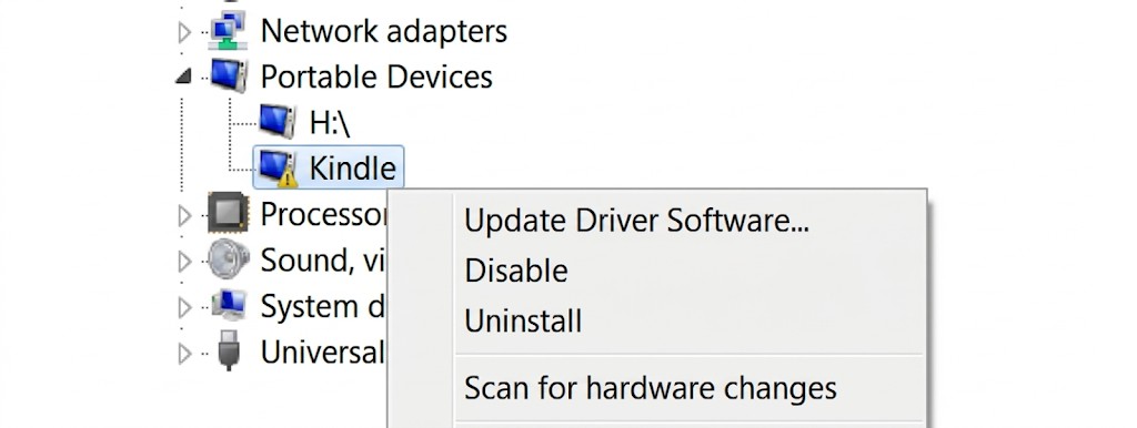 Réparer un Kindle qui n'apparaît pas sur PC : Rafraîchir le pilote Kindle dans le Gestionnaire de périphériques