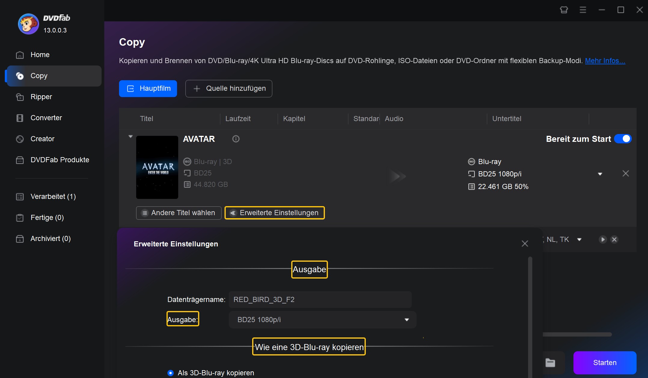 3D Blu-ray kopieren mit DVDFab