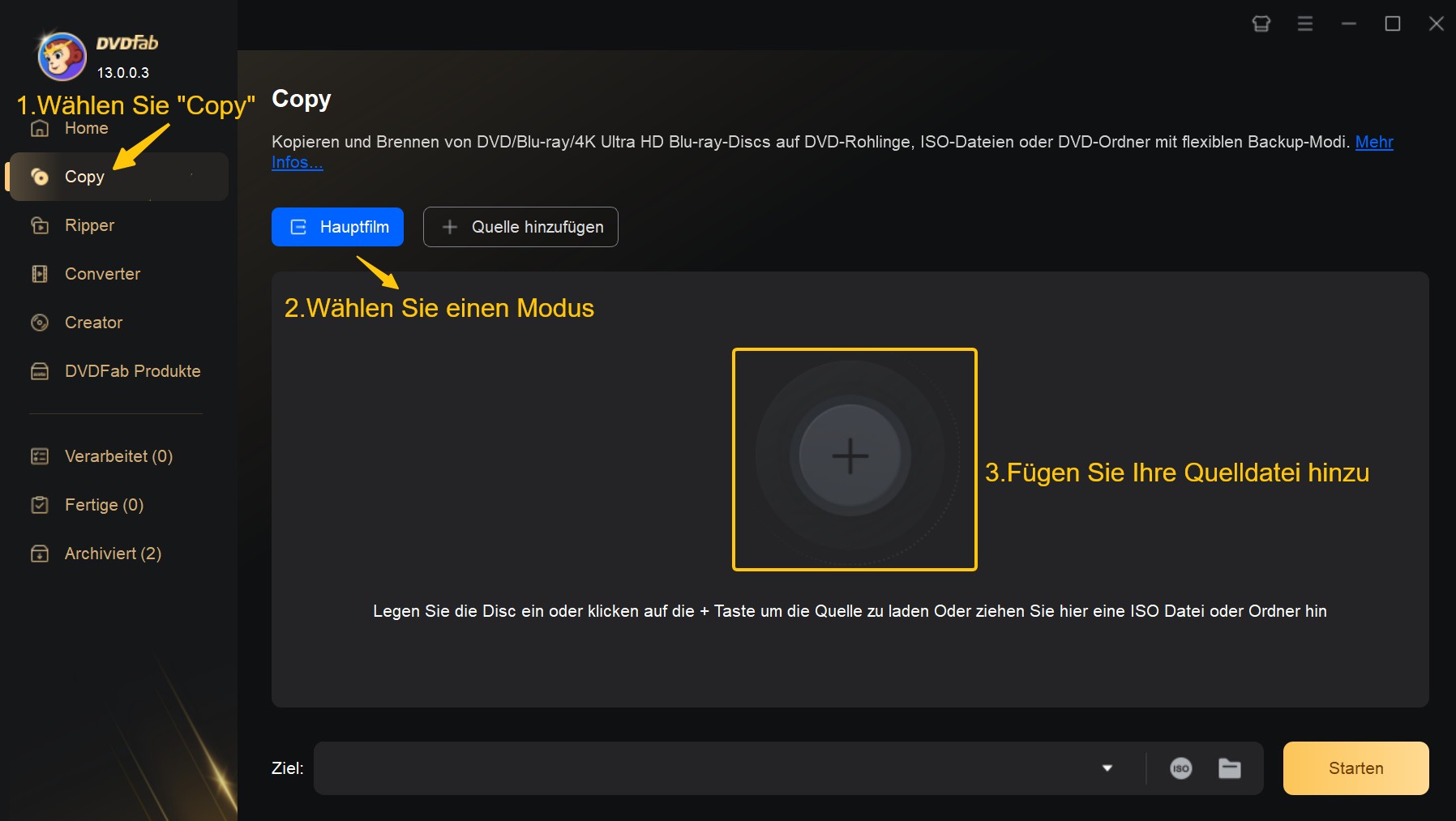 Wählen Sie die Option Copy und klicken Sie auf Quelle hinzufügen