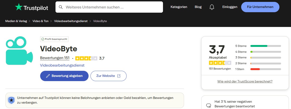 Videobyte-Bewertung auf Trustpilot