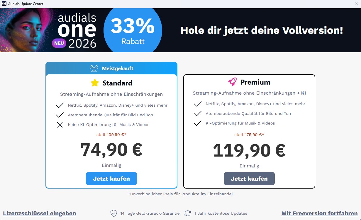 Schnittstelle von Audials One 2026