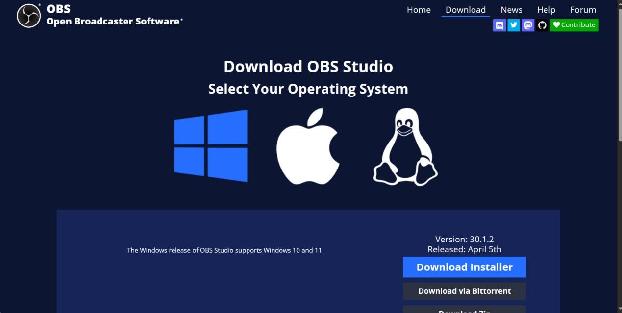 HomePage von OBS Studio