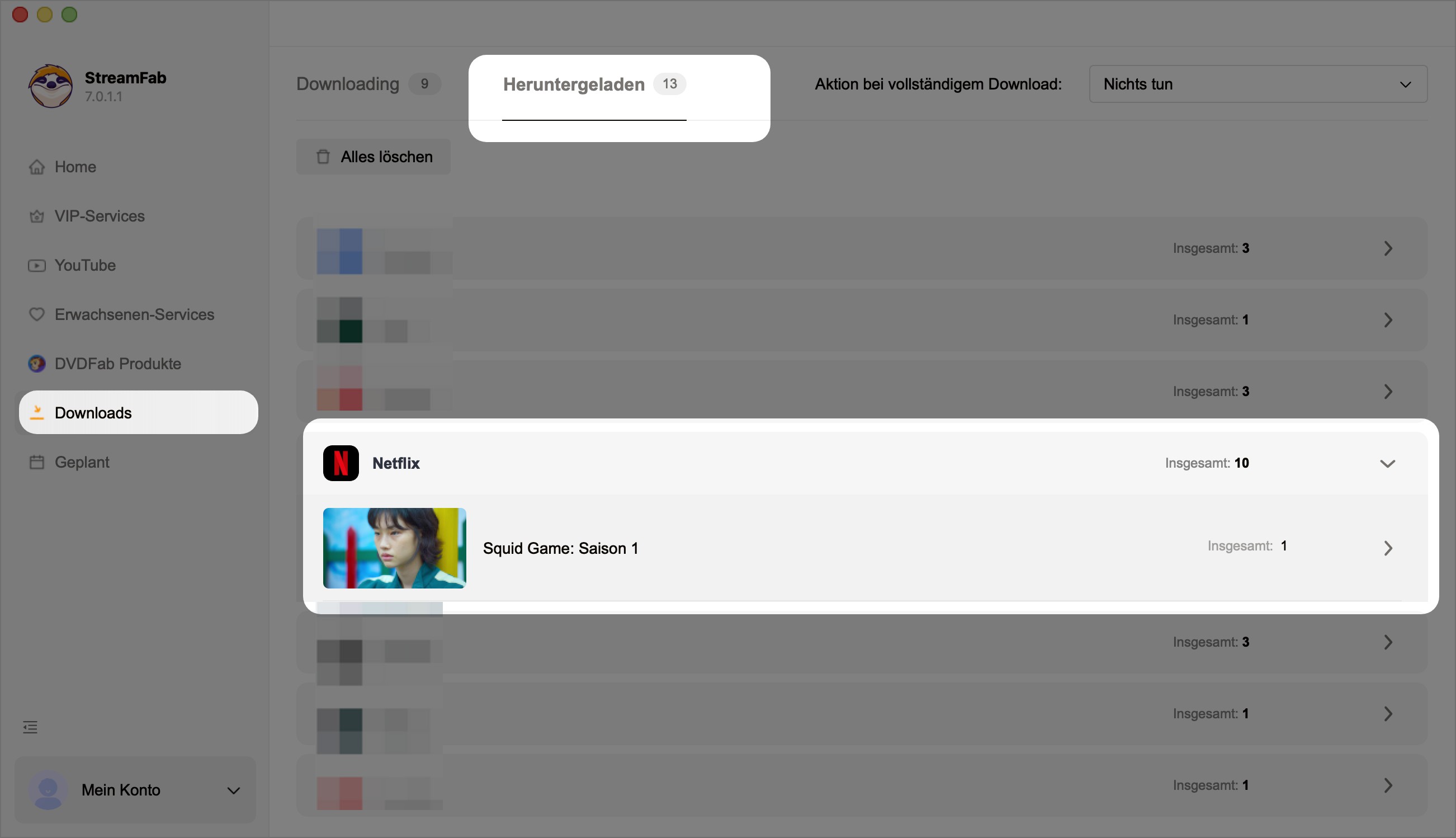 StreamFab Heruntergeladen-Tab mit abgeschlossenem Squid Game Saison 1 Download