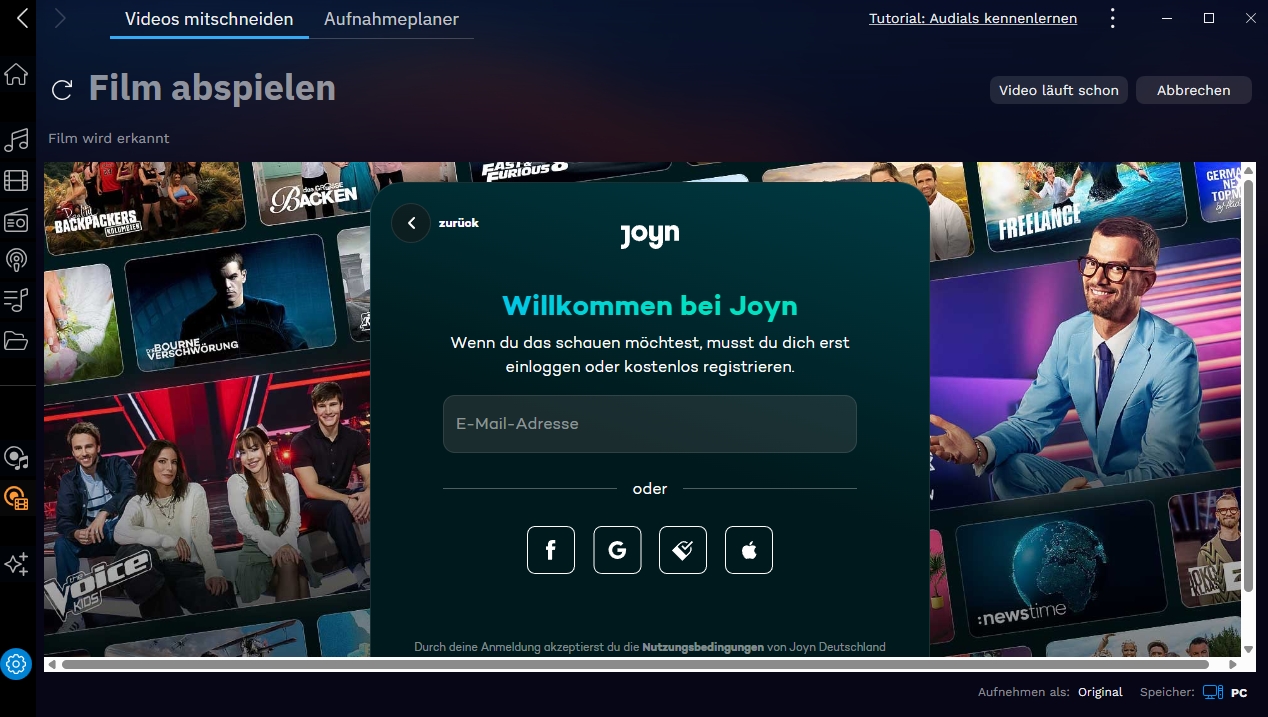 Joyn-Einloggen Schnittstelle von Audials