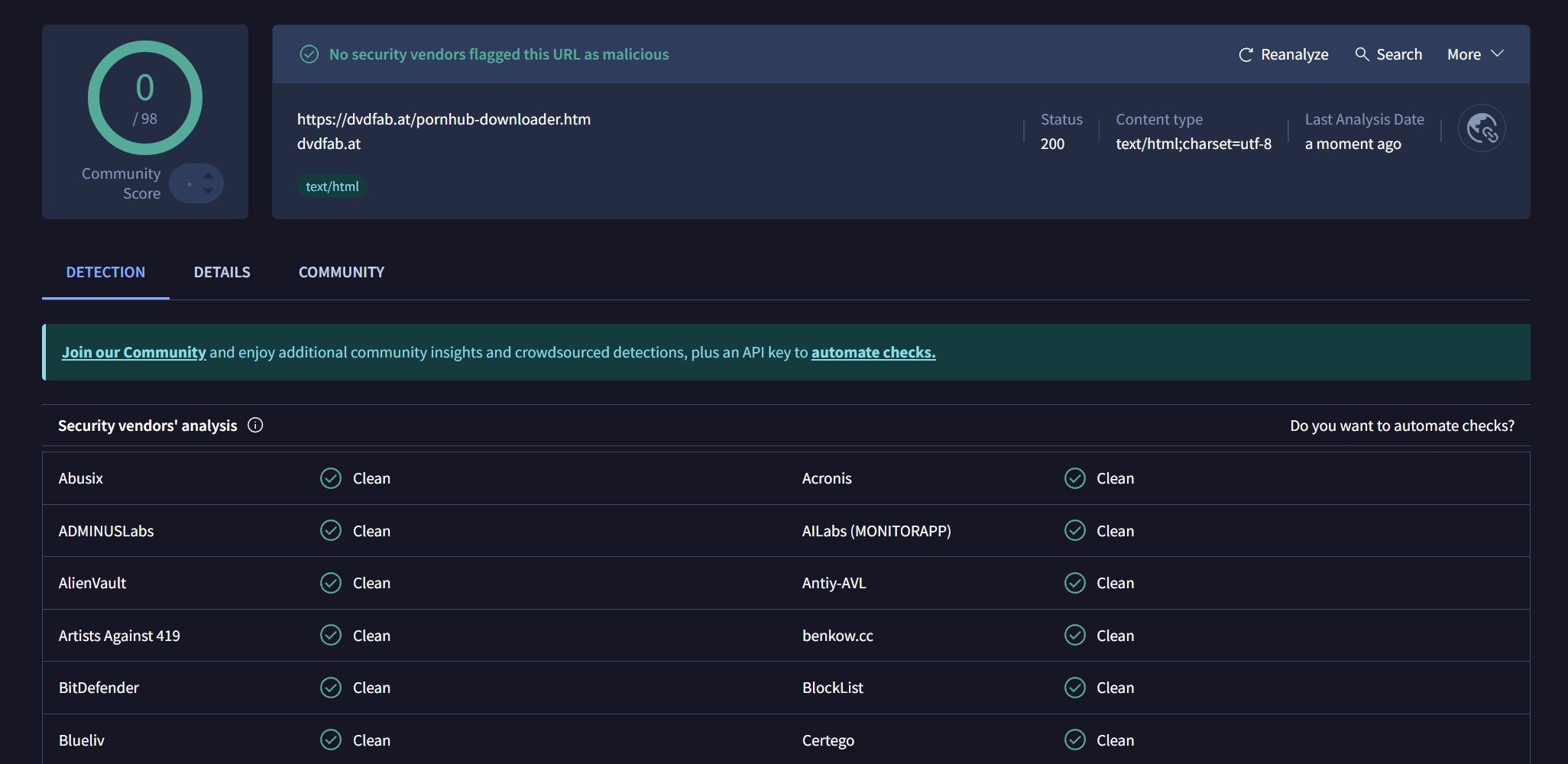 Sicherheitserklärung durch VirusTotal für StreamFab Pornhub Downloader
