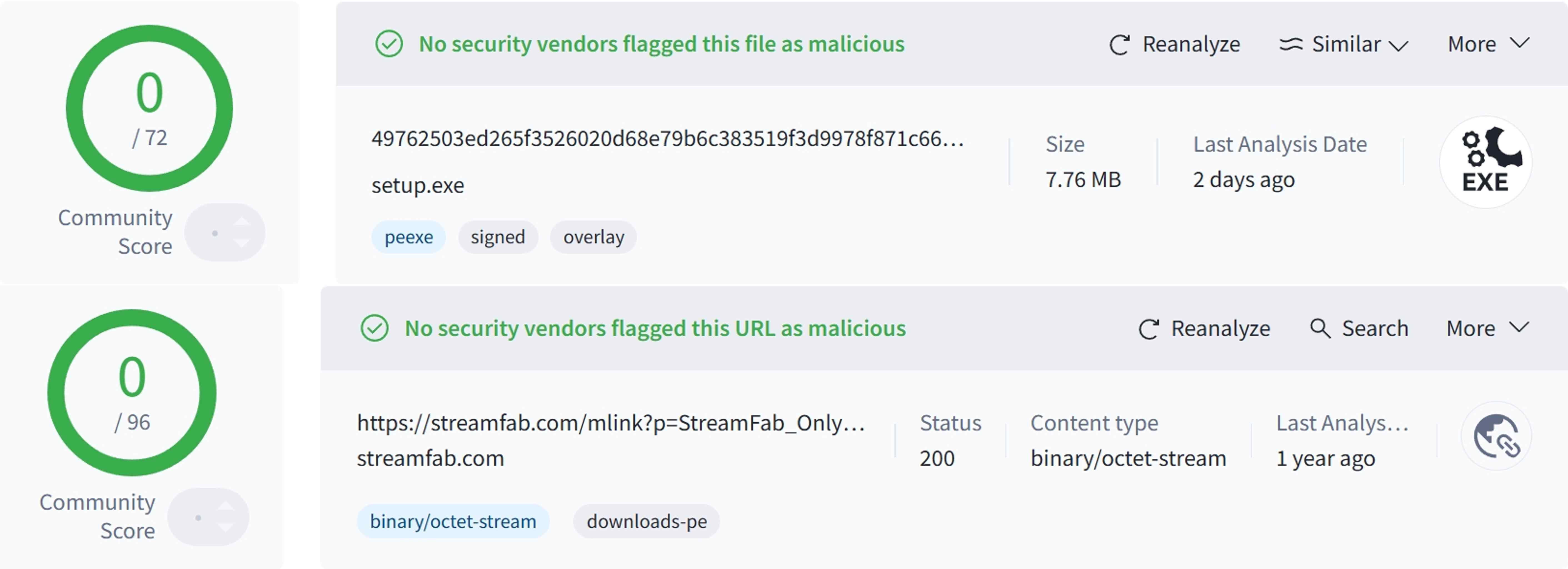 the virus scan result of streamfab onlyfans downloader installer and download link