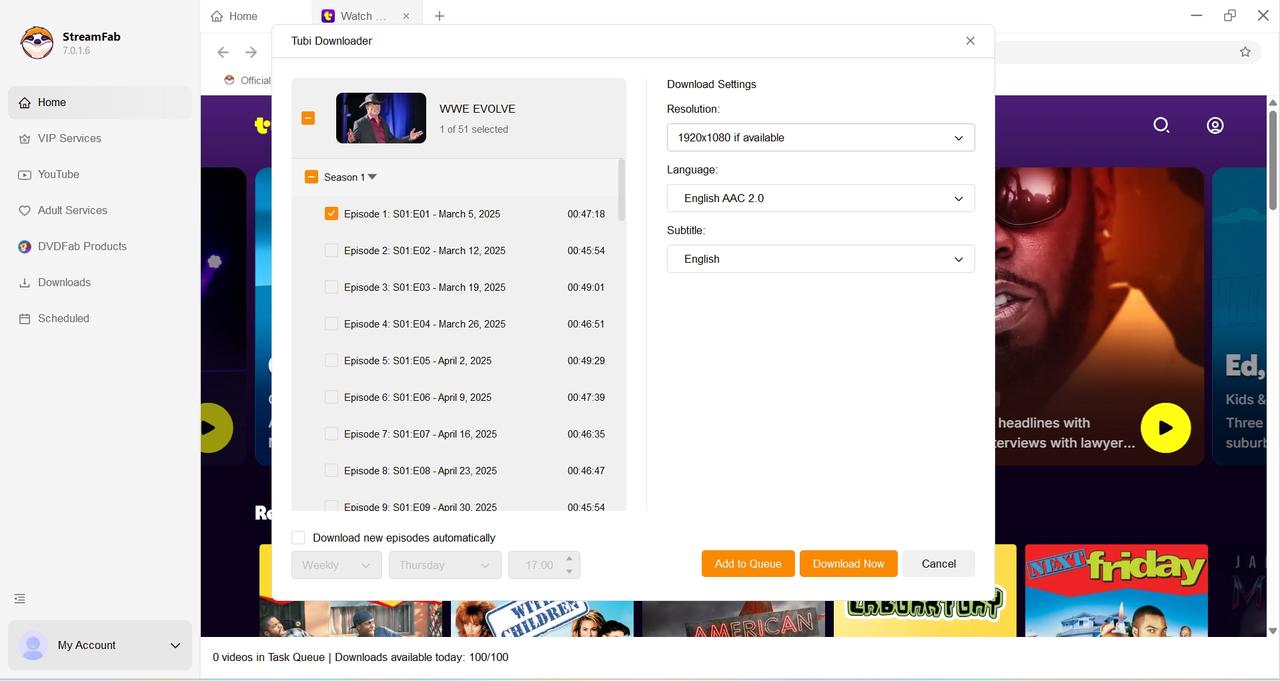 StreamFab Tubi Downloader - Parsing Video Stream - Selecting Video Resolution and Format