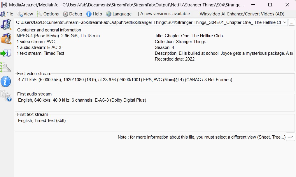 Using the same Stranger Things S4E1 test file, here is how StreamFab compared:
